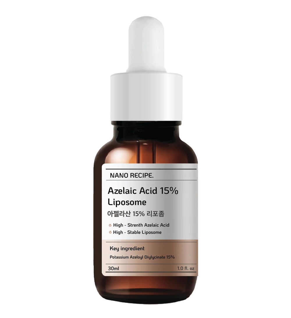 Nano Recipe azelaic serum bottle closeup highlighting premium packaging and balanced-skin promise
