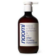 Naomi After-Cooking Hand Scrub bottle shows premium hand wash for stubborn kitchen odors.