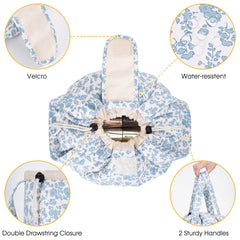 Narwey barrel makeup bag blue flower open layout shows organized compartments for easy access.