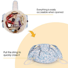 Narwey barrel makeup bag blue flower interior pocket enables quick access to essentials.