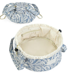 Narwey Barrel Drawstring Makeup Bag Blue Leaf closeup shows durable water-resistant fabric for travel