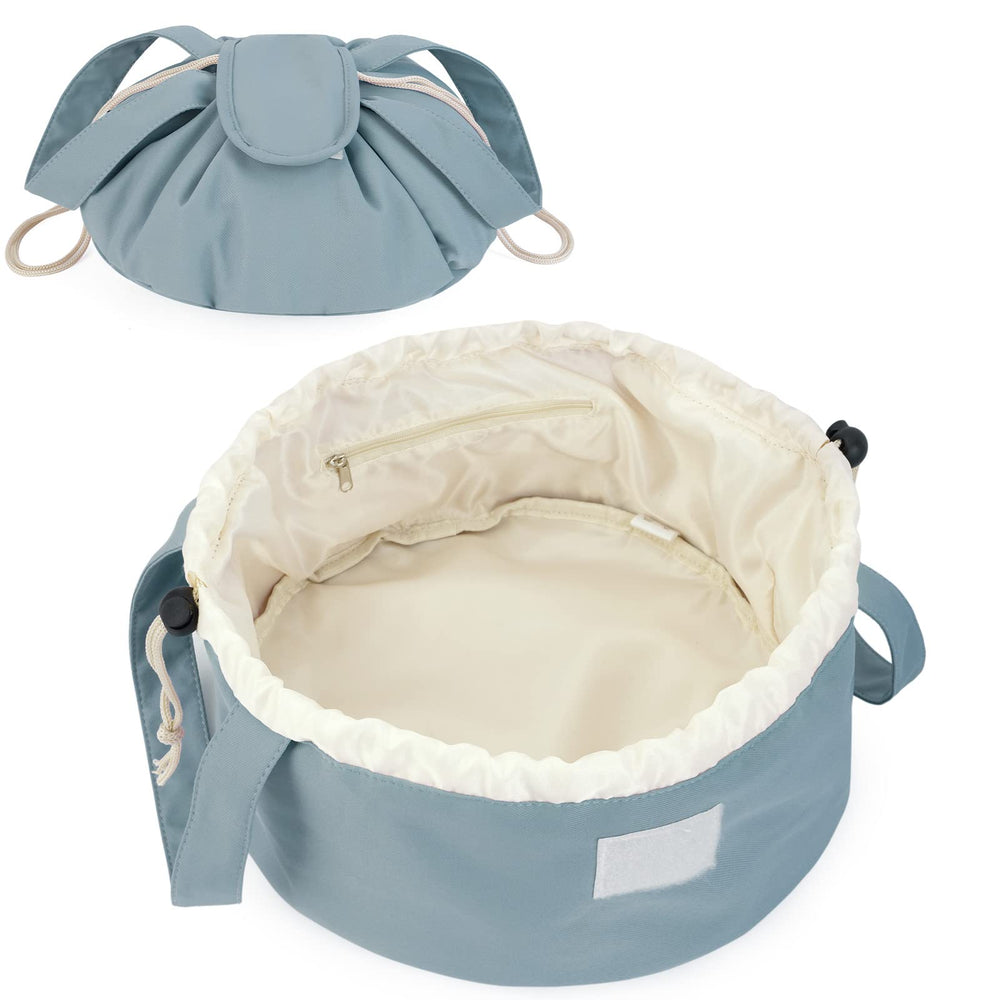 Narwey barrel drawstring makeup bag greyish blue front view compact travel organizer for cosmetics
