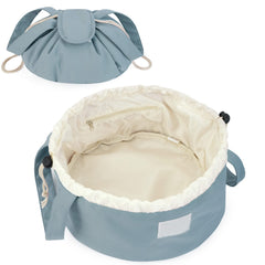 Narwey barrel drawstring makeup bag greyish blue front view compact travel organizer for cosmetics