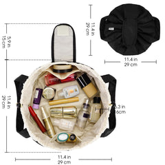 Narwey barrel makeup bag front with Velcro closure secured for travel