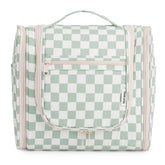 Narwey checked hanging bag front view, mint green checkerboard, easy access to toiletries while traveling