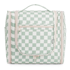 Narwey checked hanging bag front view, mint green checkerboard, easy access to toiletries while traveling
