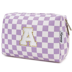 Narwey initial makeup bag Purple A close-up of chenille monogram for personalization