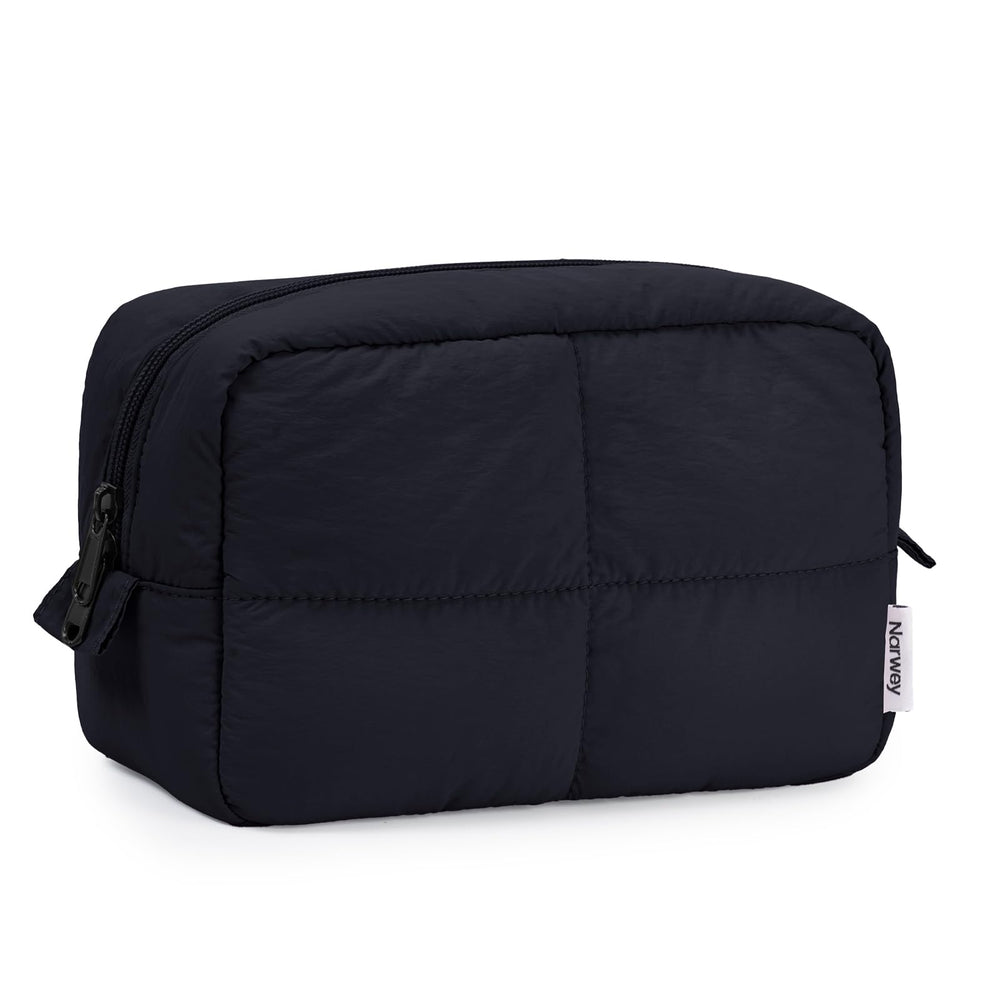 Narwey Puffy makeup bag front view shows chic quilted design for travel organization.