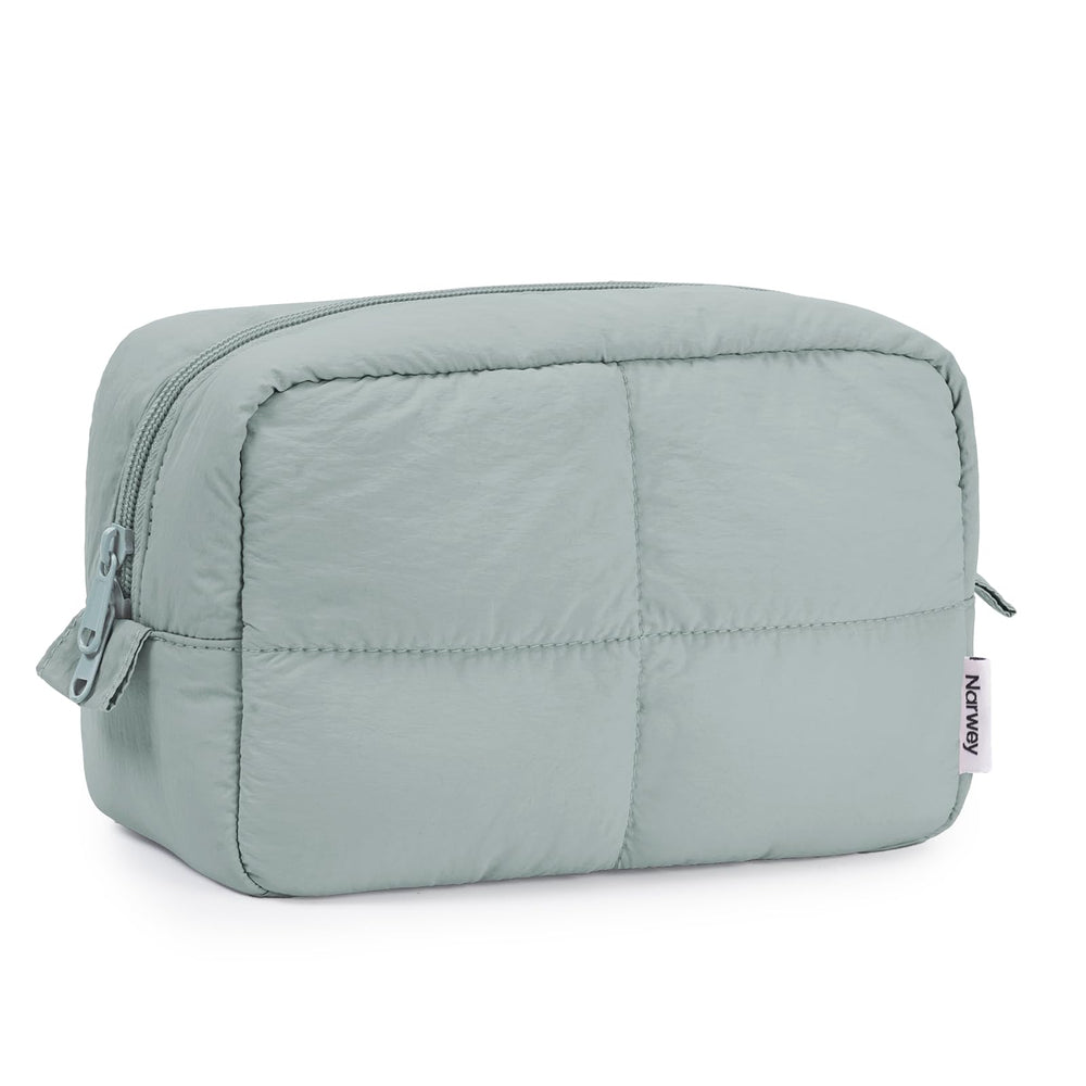 Narwey Puffy makeup bag sage green front view, compact travel companion for cosmetics.