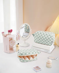 Narwey small checkered makeup bag inside compartments view showing organized storage for cosmetics.