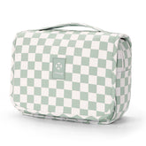Narwey small hanging toiletry bag mint green checkered front view, compact travel-ready design.