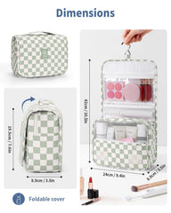 Narwey small hanging toiletry bag mint green checkered interior elastic straps hold bottles securely.