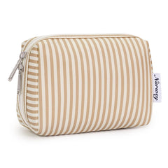 Narwey small striped makeup bag shows purse organization for on-the-go touch-ups.