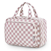Narwey travel toiletry bag large folded in dusty pink checkerboard showing compact form