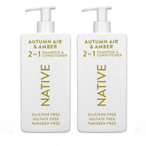 Native 2-in-1 Autumn Air & Amber shampoo bottle featuring strengthening lather for vibrant hair.