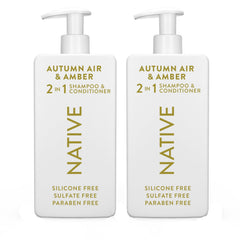 Native 2-in-1 Autumn Air & Amber shampoo bottle featuring strengthening lather for vibrant hair.