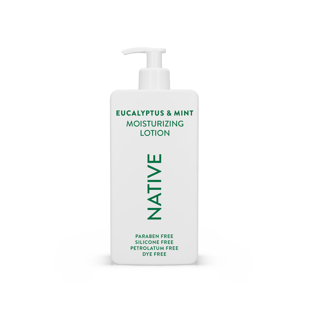 Native Body Lotion bottle front with eucalyptus-mint label for daily moisturization.