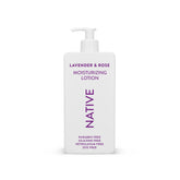 Native Body Lotion lavender-rose bottle shows plant-based moisture for daily hydration.