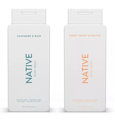 Native Body Wash 2-Pack bottle featuring Sweet Peach Nectar and Cashmere Rain for spa-like hydration