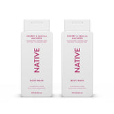 Native Body Wash Cherry Vanilla Macaron bottle pouring rich lather for hydrating shower routine.