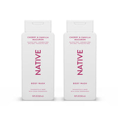 Native Body Wash Cherry Vanilla Macaron bottle pouring rich lather for hydrating shower routine.