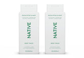 Native body wash eucalyptus-mint bottle in shower promotes a refreshing cleanse.