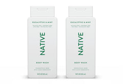 Native body wash eucalyptus-mint bottle in shower promotes a refreshing cleanse.