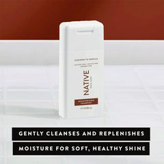 Native Coconut & Vanilla Mini Shampoo travel packaging emphasizes compact on the go