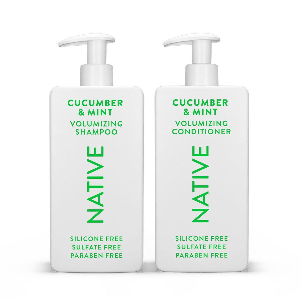 Native cucumber mint shampoo bottle highlights refreshing cleanse for all hair types.