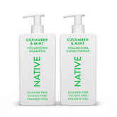 Native cucumber mint shampoo bottle highlights refreshing cleanse for all hair types.