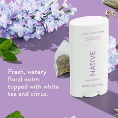 Native Lilac White Tea label highlights aluminum-free formula for trust.