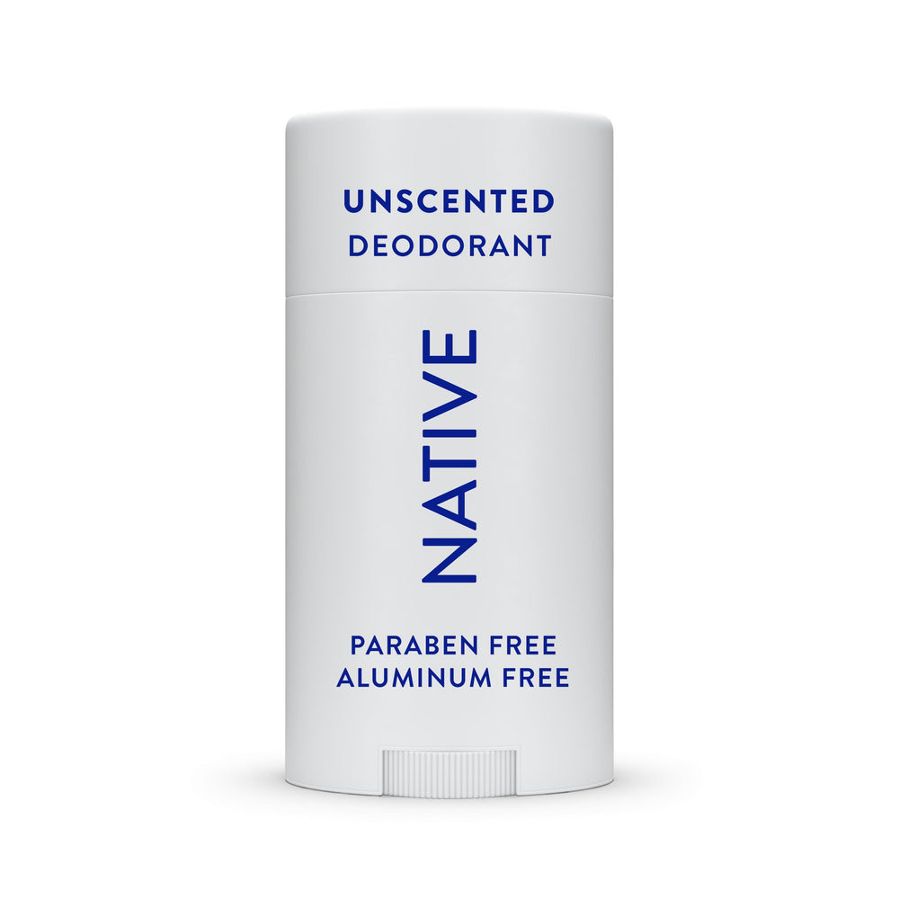 Native unscented deodorant application offers smooth glide for daily freshness.
