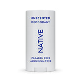 Native unscented deodorant application offers smooth glide for daily freshness.