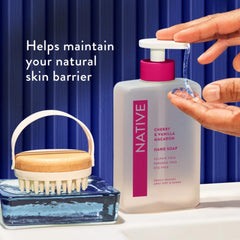 Native Hand Soap Set Coconut & Vanilla bottles shown at sink with tropical vanilla scent