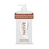 Native Moisturizing Body Wash bottle on shelf highlights vegan, dye-free hydration.