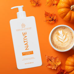 Native Pumpkin Spice Latte lotion pump-dispense highlights quick absorption and mess-free application