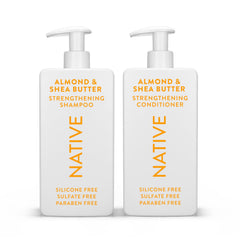 Native shampoo almond-shea butter bottle with creamy lather for hydrated hair.