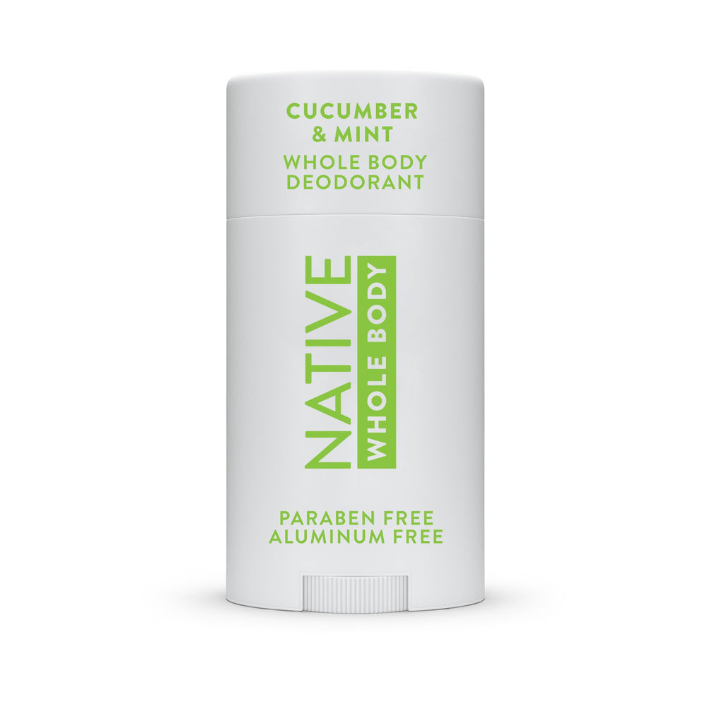Native whole body deodorant stick applies cucumber mint freshness and long-lasting protection.
