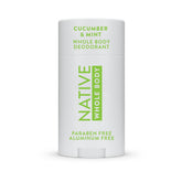 Native whole body deodorant stick applies cucumber mint freshness and long-lasting protection.