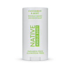 Native whole body deodorant stick applies cucumber mint freshness and long-lasting protection.