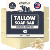 Natrulo Beef Tallow Soap Bar closeup highlighting a gentle, unscented cleanse for sensitive skin.