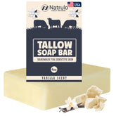 Natrulo beef tallow soap vanilla bar offers a rich lather for gentle cleansing.