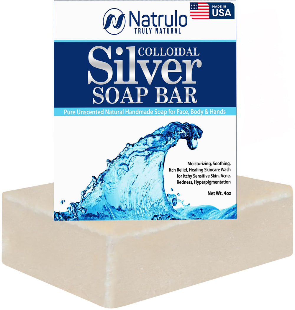 Natrulo colloidal silver soap bar closeup for sensitive skin cleansing.