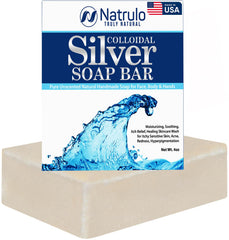 Natrulo colloidal silver soap bar closeup for sensitive skin cleansing.