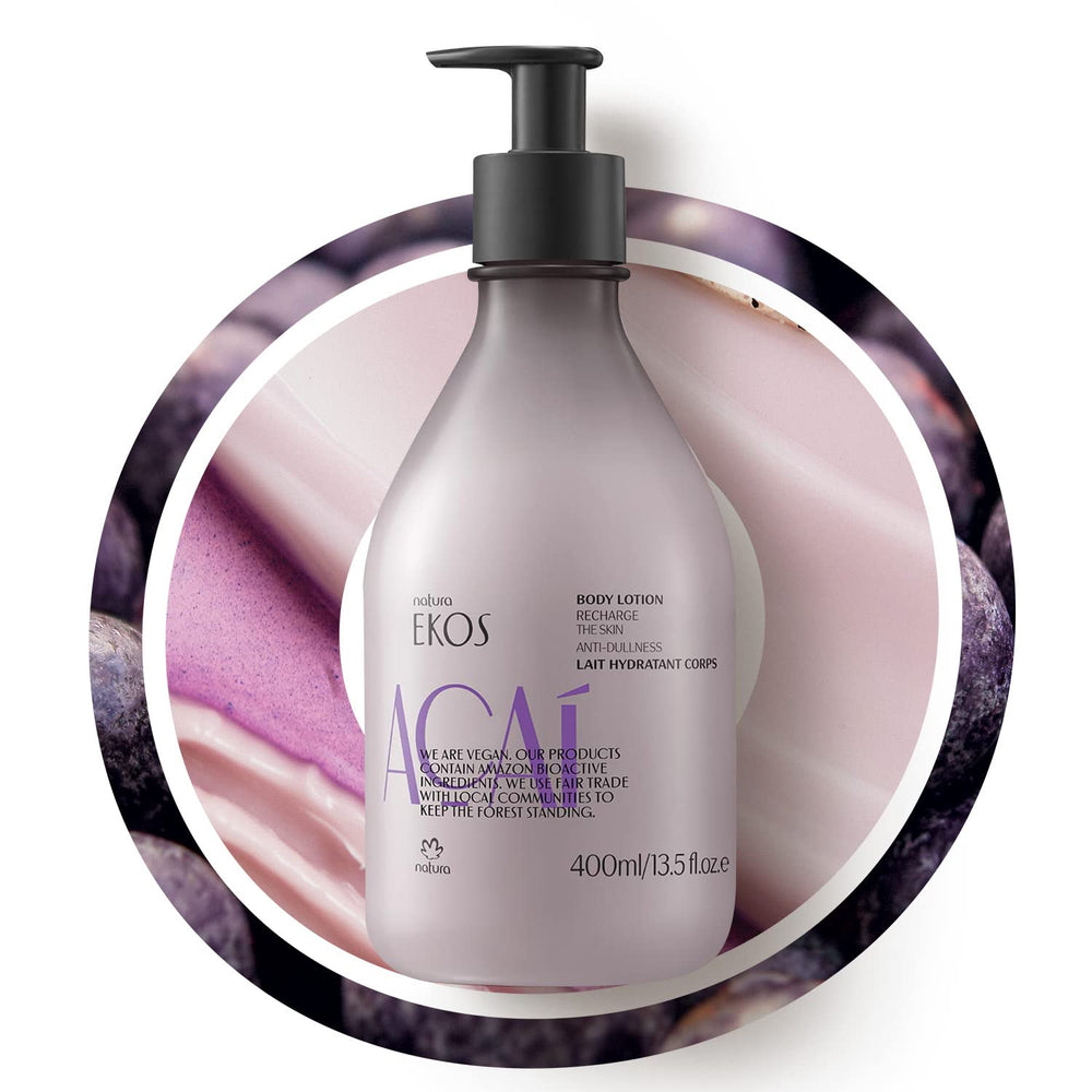 Natura acai body lotion bottle front, highlighting vegan hydration for dry skin.