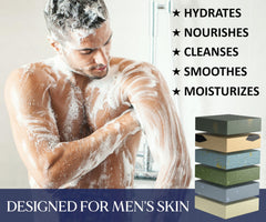 NATURAL AMERICAN men’s bar soap closeup highlights woodsy, cologne-like aroma for a confident morning ritual.