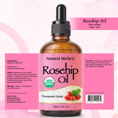 Natural Riches rosehip oil dropper closeup shows cold-pressed purity