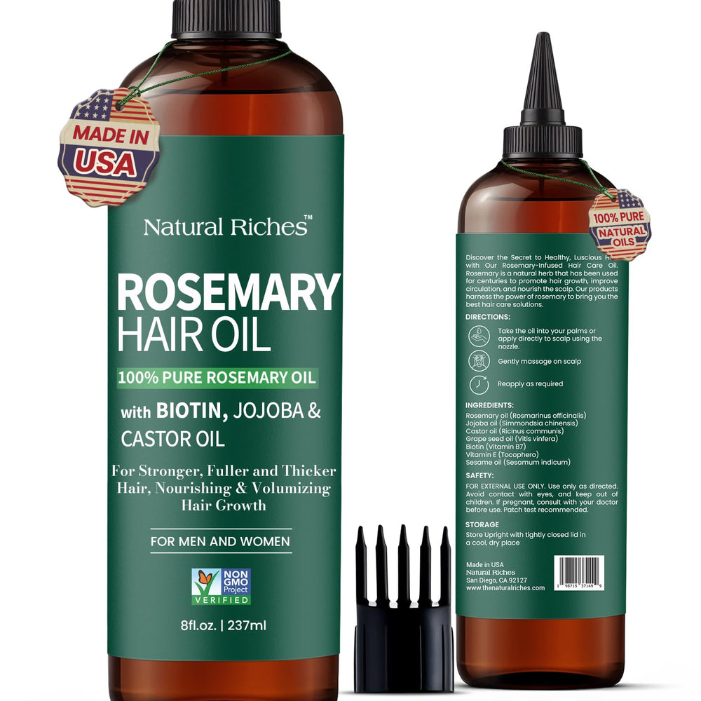 Natural Riches Rosemary Oil bottle shows pure formula for scalp nourishment and hair growth support