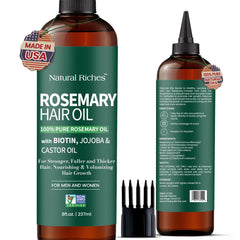 Natural Riches Rosemary Oil bottle shows pure formula for scalp nourishment and hair growth support