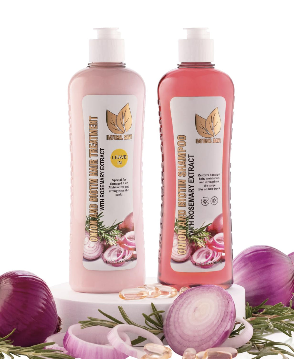 Natural Sant onion biotin rosemary shampoo bottle with growth-supporting formula.